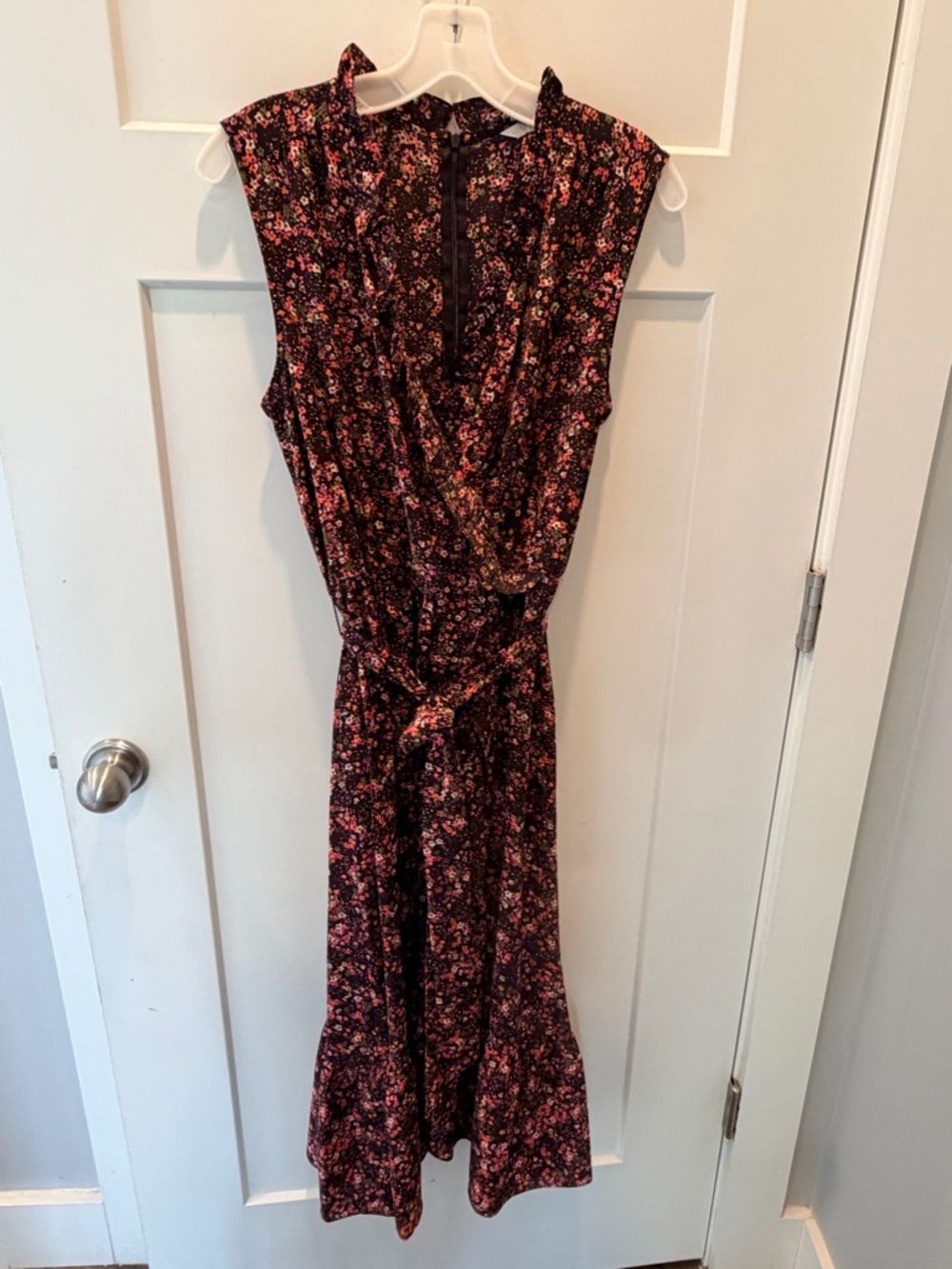 London Times Floral Midi Dress Size 12 Ruffle Front Tie Waist Sleeveless